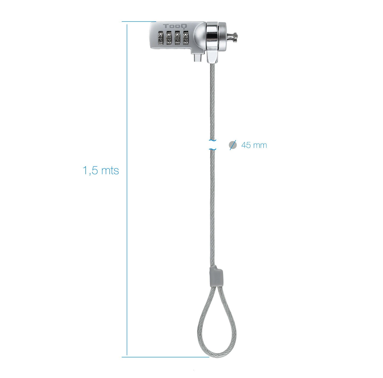 TOOQ CABLE DE SEGURIDAD T-LOCK CON COMBINACION PARA PORTATILES - BLOQUEO DE 4 DIGITOS - ACERO 4.5MM - LONGITUD 1.50M
