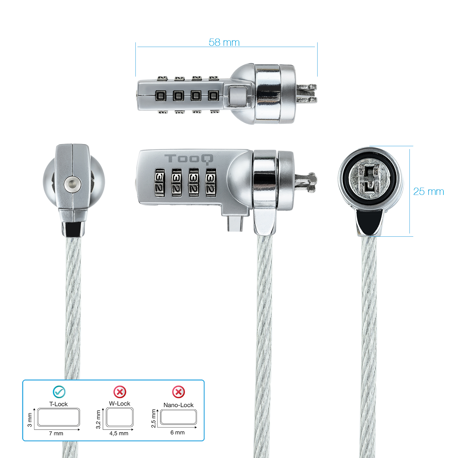TOOQ CABLE DE SEGURIDAD T-LOCK CON COMBINACION PARA PORTATILES - BLOQUEO DE 4 DIGITOS - ACERO 4.5MM - LONGITUD 1.50M