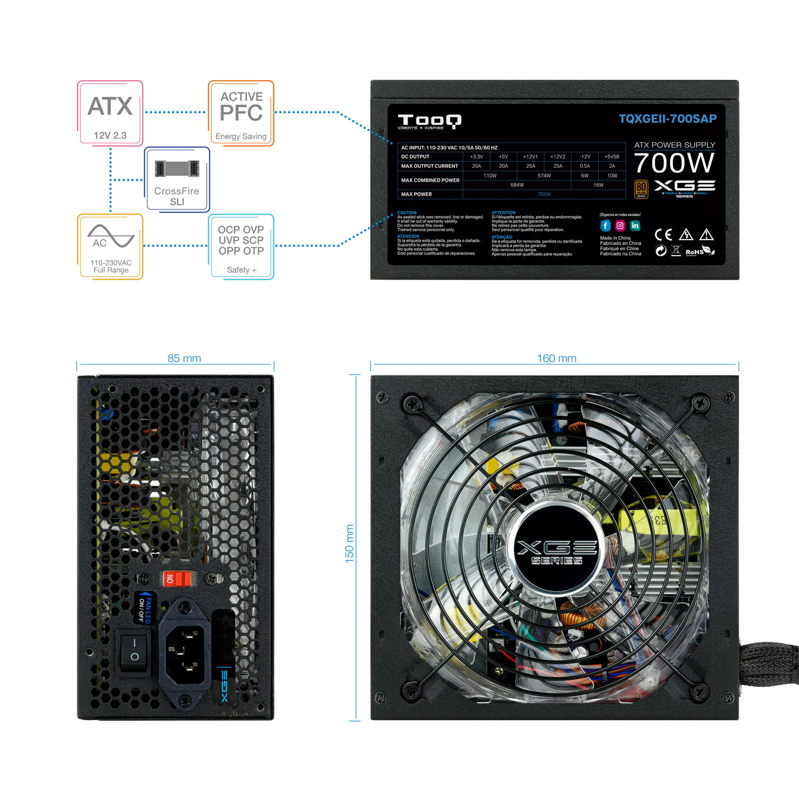TOOQ FUENTE GAMING 700W ATX12V V2.31 APFC 82+ LED ON/OFF