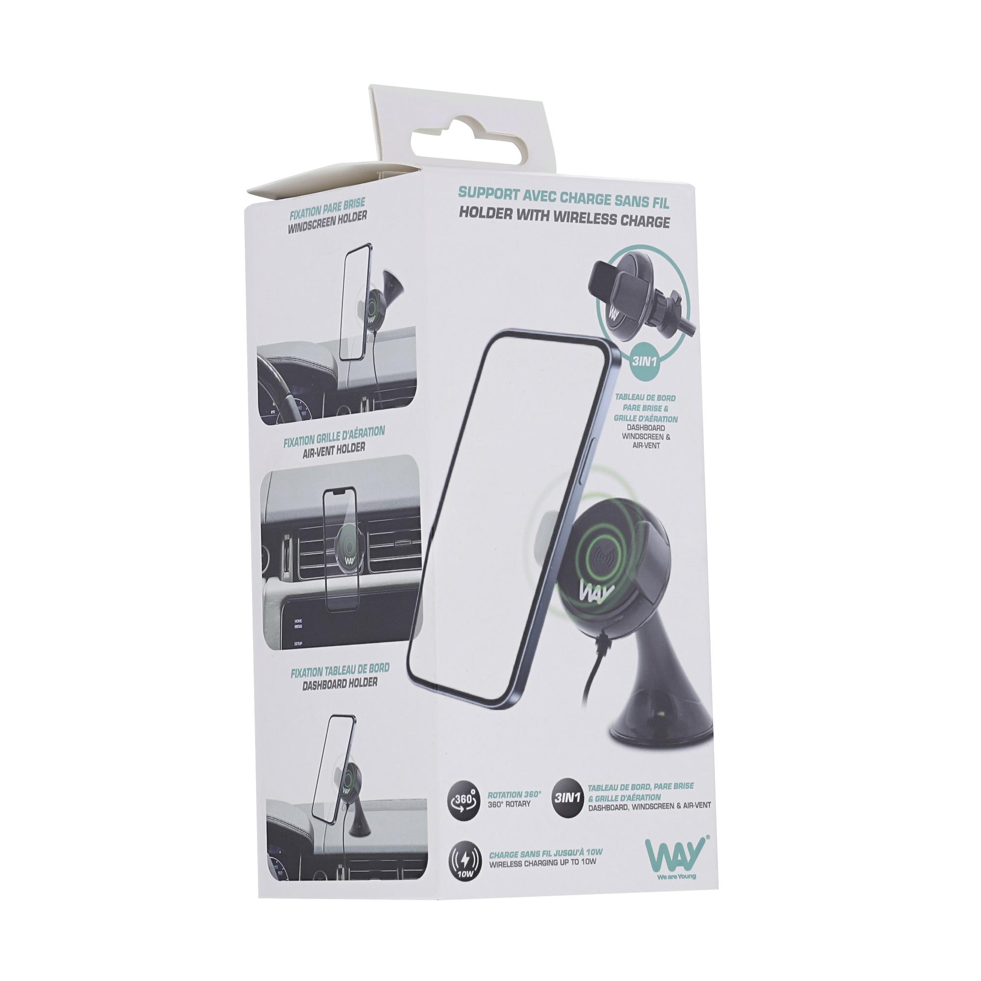 TNB WAY - Cargador de coche de inducción de 10W, soportes 2 en 1 + cable micro USB integrado - Negro