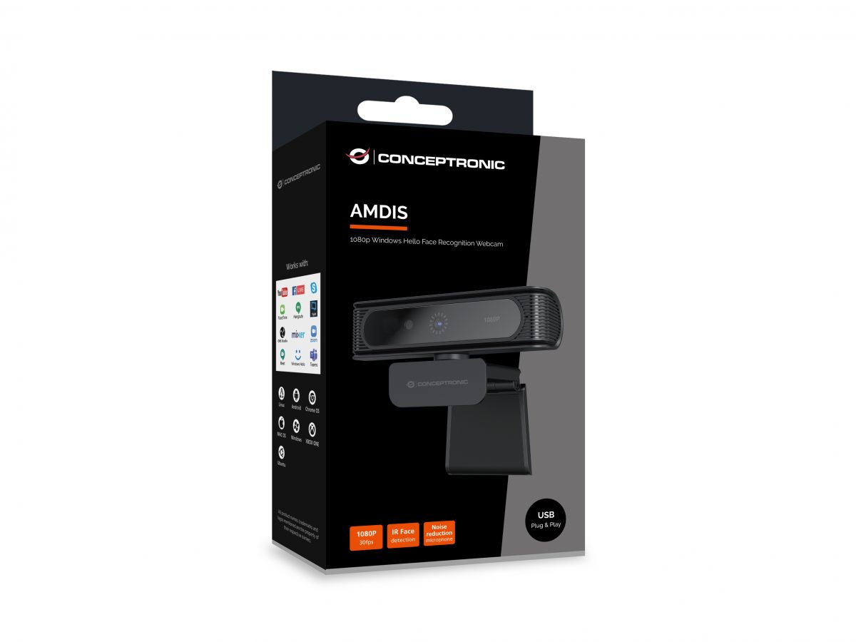 CONCEPTRONIC AMDIS09B Webcam 1080p con reconocimiento facial de Windows Hello