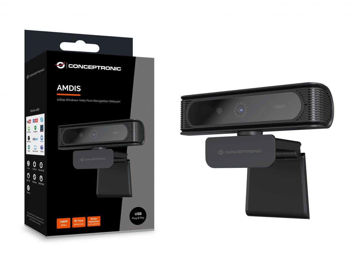 CONCEPTRONIC AMDIS09B Webcam 1080p con reconocimiento facial de Windows Hello