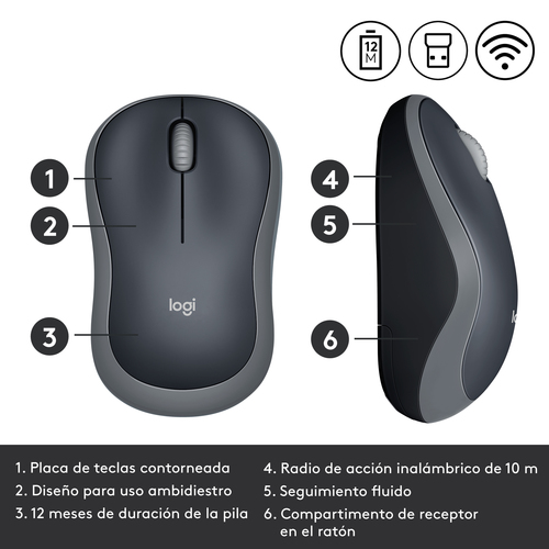 LOGITECH Raton m185 optico wireless gris 2.4ghz