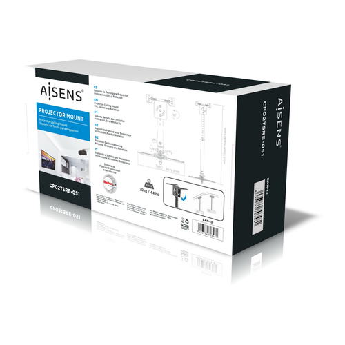 AISENS - SOPORTE UNIVERSAL PRO GIRATORIO, INCLINABLE Y EXTENSIBLE DE TECHO PARA PROYECTOR 20KG, NEGR