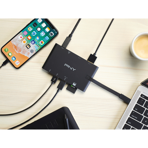 PNY Mini Hub Portátil 9 en 1 con Cable USB-C Integrado con 2 Puertos USB-C 2 Puertos USB-A 3.1 1 P