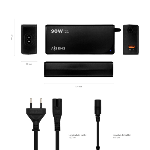 AISENS CARGADOR 90W AUTOMATICO UNIVERSAL MULTITENSION CON 12 CONECTORES + USB-A QC.3.0