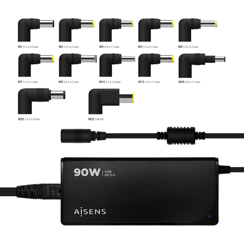 AISENS CARGADOR 90W AUTOMATICO UNIVERSAL MULTITENSION CON 12 CONECTORES + USB-A QC.3.0