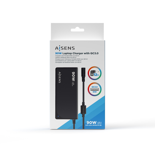 AISENS CARGADOR 90W AUTOMATICO UNIVERSAL MULTITENSION CON 12 CONECTORES + USB-A QC.3.0