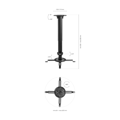 AISENS - SOPORTE UNIVERSAL GIRATORIO, INCLINABLE Y EXTENSIBLE DE TECHO PARA PROYECTOR 13.5KG, NEGRO