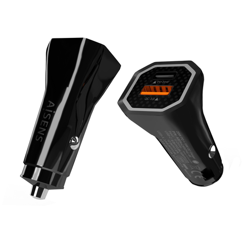 AISENS - CARGADOR DE COCHE 38W,1xUSB-C PD3.0 20W,1xUSB-A QC3.0 18W, NEGRO