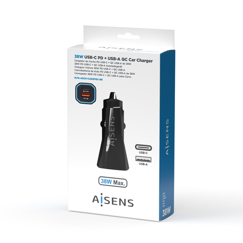 AISENS - CARGADOR DE COCHE 38W,1xUSB-C PD3.0 20W,1xUSB-A QC3.0 18W, NEGRO