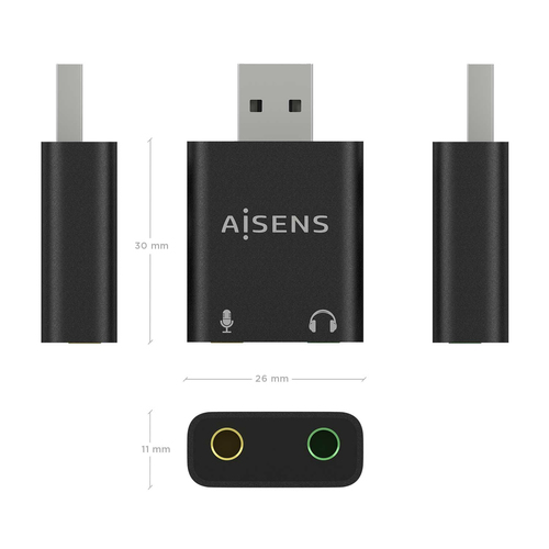 AISENS - CONVERSOR USB-A A AUDIO 48KHz, USB-A/M-2xJACK 3.5/H, NEGRO