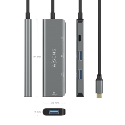 AISENS - HUB USB 3.2 GEN1 5G USB-C, USB-C/M-1xUSB-C/H-3xUSB-A/H, GRIS, 15CM