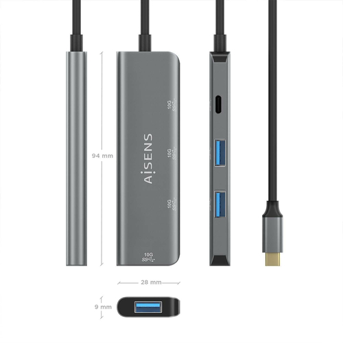AISENS - HUB USB 3.2 GEN2 10G USB-C, USB-C/M-1xUSB-C/H-3xUSB-A/H, GRIS, 15CM
