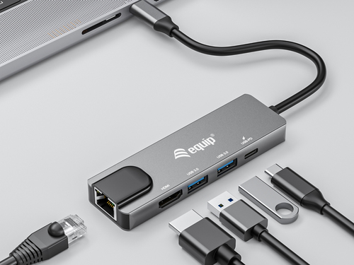 Equip Docking USB-C 5in1 USB-C 1xHDMI 4K/30Hz 2xUSB-C 1xRJ45 Gibabit 1xUSB-C Alimentacion 100WCable 25cm Carcasa Aluminio