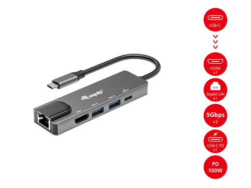 Equip Docking USB-C 5in1 USB-C 1xHDMI 4K/30Hz 2xUSB-C 1xRJ45 Gibabit 1xUSB-C Alimentacion 100WCable 25cm Carcasa Aluminio