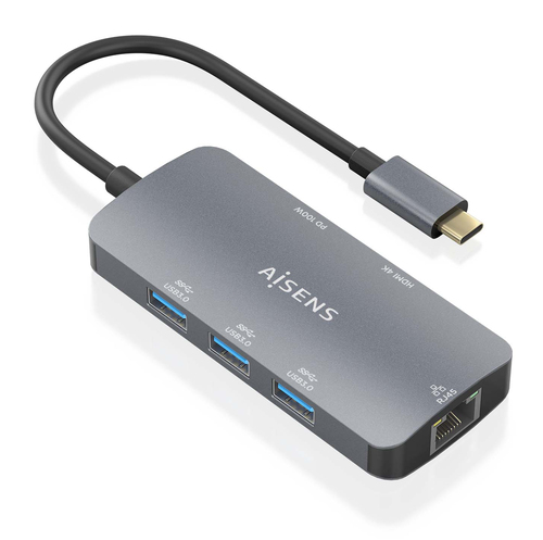 AISENS - USB-C DOCK 6 EN 1, USB-C A 1xHDMI, 1xRJ45, 3xUSB-A, 1xUSB-C PD, GRIS, 15CM