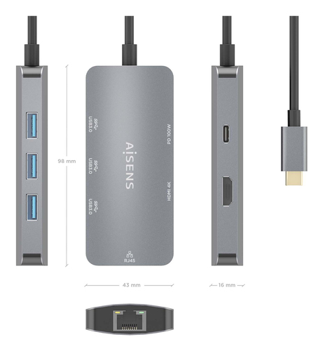 AISENS - USB-C DOCK 6 EN 1, USB-C A 1xHDMI, 1xRJ45, 3xUSB-A, 1xUSB-C PD, GRIS, 15CM
