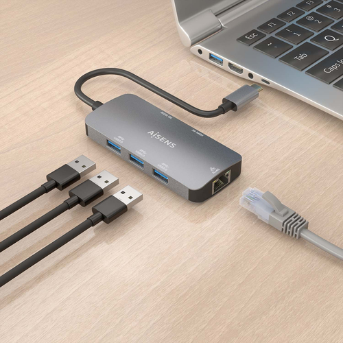 AISENS - USB-C DOCK 6 EN 1, USB-C A 1xHDMI, 1xRJ45, 3xUSB-A, 1xUSB-C PD, GRIS, 15CM