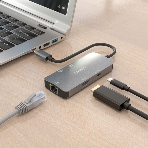 AISENS - USB-C DOCK 6 EN 1, USB-C A 1xHDMI, 1xRJ45, 3xUSB-A, 1xUSB-C PD, GRIS, 15CM