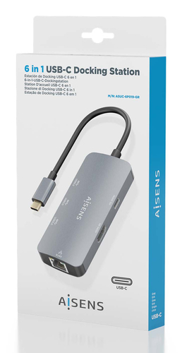 AISENS - USB-C DOCK 6 EN 1, USB-C A 1xHDMI, 1xRJ45, 3xUSB-A, 1xUSB-C PD, GRIS, 15CM