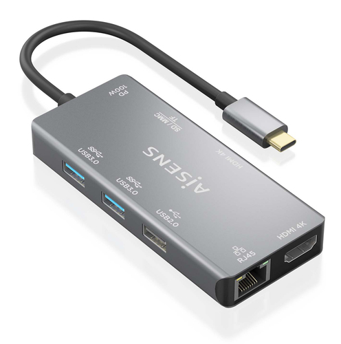 AISENS - USB-C DOCK 9 EN 1, USB-C A 2xHDMI, 1xRJ45, 2xUSB-A USB3.0, 1xUSB-A USB2.0, 1xUSB-C PD, 1xSD, 1xMICRO SD, GRIS, 15CM
