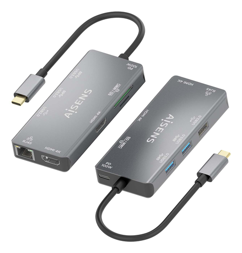 AISENS - USB-C DOCK 9 EN 1, USB-C A 2xHDMI, 1xRJ45, 2xUSB-A USB3.0, 1xUSB-A USB2.0, 1xUSB-C PD, 1xSD, 1xMICRO SD, GRIS, 15CM
