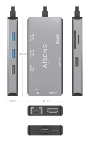 AISENS - USB-C DOCK 9 EN 1, USB-C A 2xHDMI, 1xRJ45, 2xUSB-A USB3.0, 1xUSB-A USB2.0, 1xUSB-C PD, 1xSD, 1xMICRO SD, GRIS, 15CM