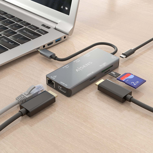 AISENS - USB-C DOCK 9 EN 1, USB-C A 2xHDMI, 1xRJ45, 2xUSB-A USB3.0, 1xUSB-A USB2.0, 1xUSB-C PD, 1xSD, 1xMICRO SD, GRIS, 15CM