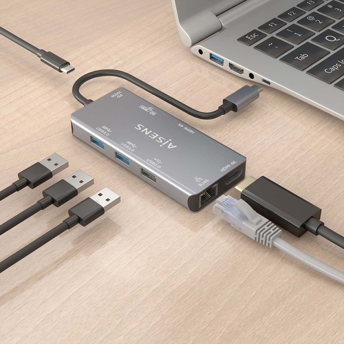 AISENS - USB-C DOCK 9 EN 1, USB-C A 2xHDMI, 1xRJ45, 2xUSB-A USB3.0, 1xUSB-A USB2.0, 1xUSB-C PD, 1xSD, 1xMICRO SD, GRIS, 15CM