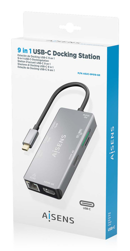 AISENS - USB-C DOCK 9 EN 1, USB-C A 2xHDMI, 1xRJ45, 2xUSB-A USB3.0, 1xUSB-A USB2.0, 1xUSB-C PD, 1xSD, 1xMICRO SD, GRIS, 15CM