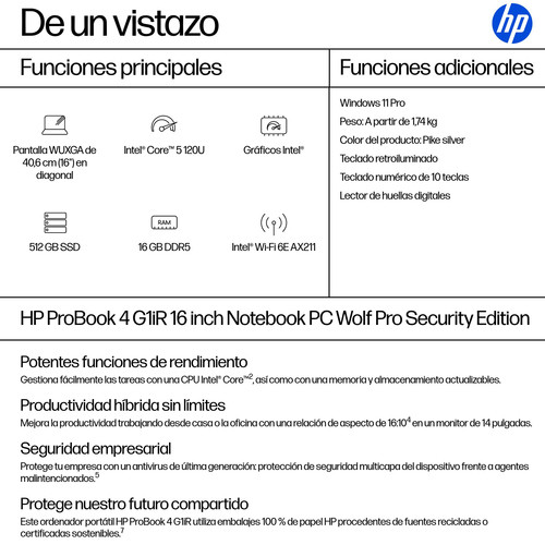 HP Portatil ProBook 4 G1iR / INTEL CORE 5-120U / 16GB / 512GB SSD / 16" / Win11 Pro